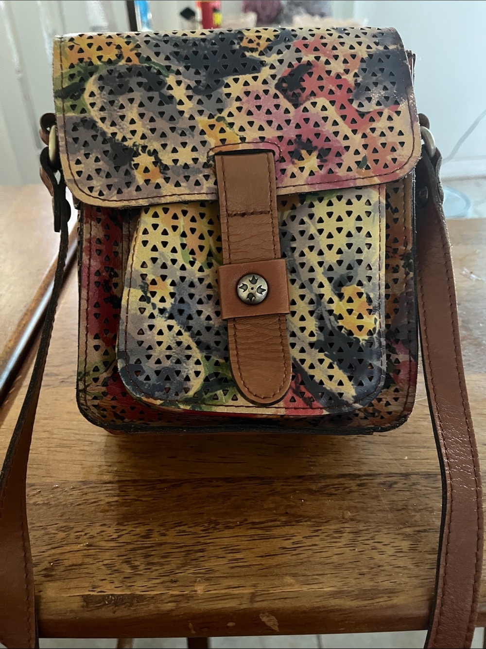Patricia Nash Multicolor Perforated Leather Crossbody Bag - Tan Trim